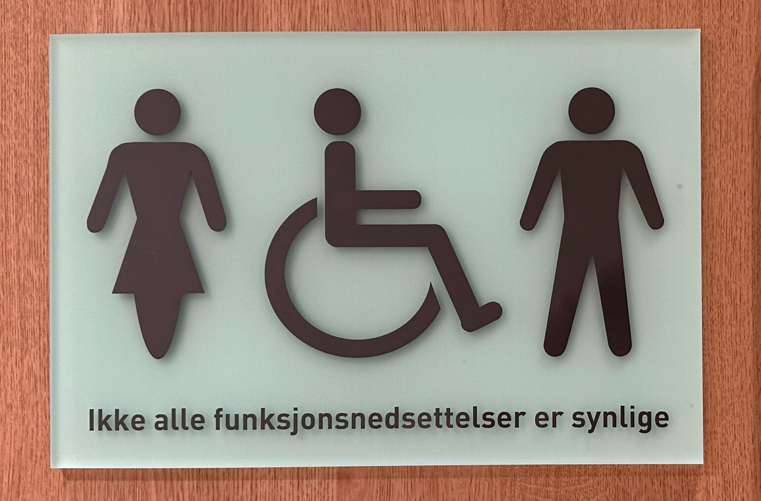 Toalettskilt med symbol for både mann, kvinne og rullestolbruker og teksten "Ikke alle funksjonsnedsettesler er synlige"